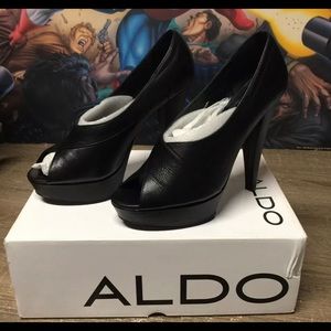 ALDO Fosso Black Leather Open Toe Heels Size 38